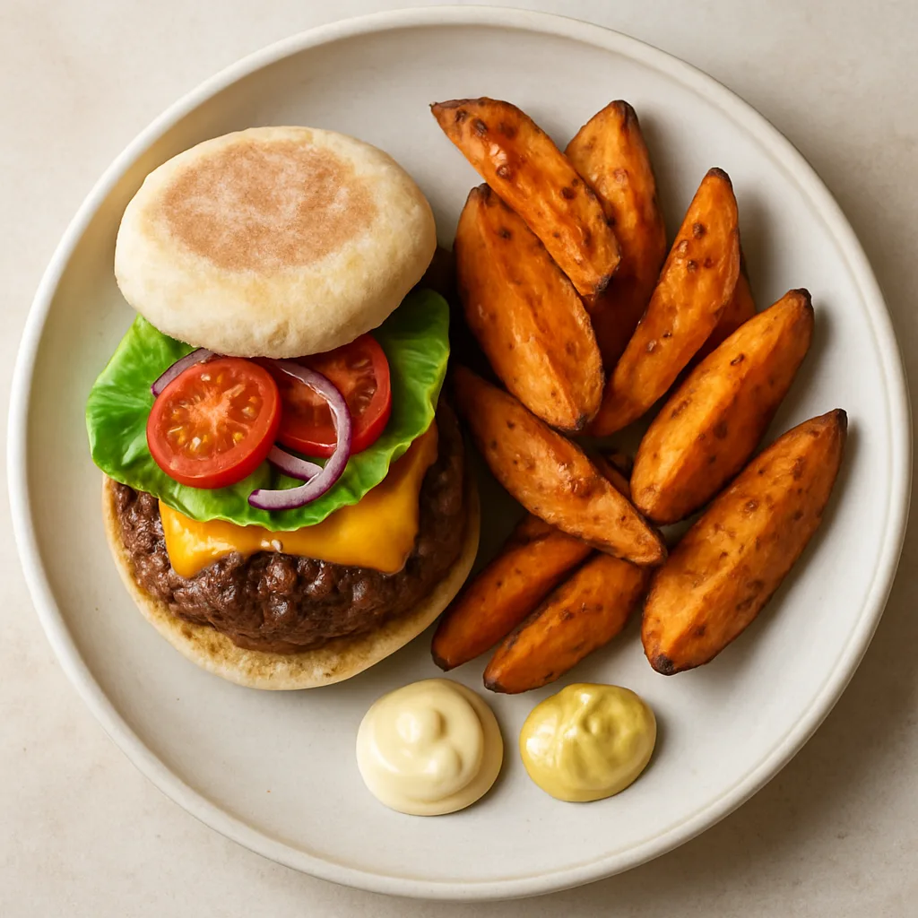 Beef burger with sweet potato wedges