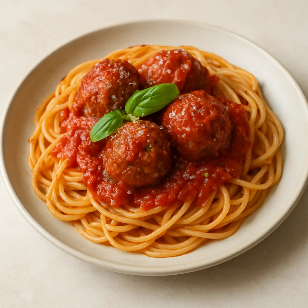 Meatballs in tomato sauce with spaghetti