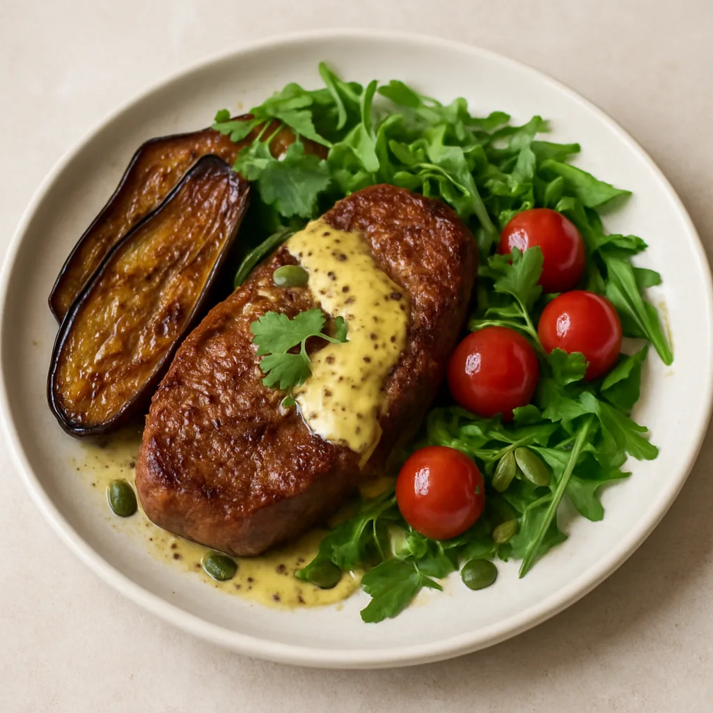 Steak with roast aubergine and dijon mustard